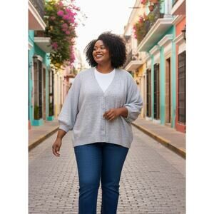 Lane Bryant Cardigan Sweater Womens 26 28 Gray Button Front Balloon Sleeve Soft